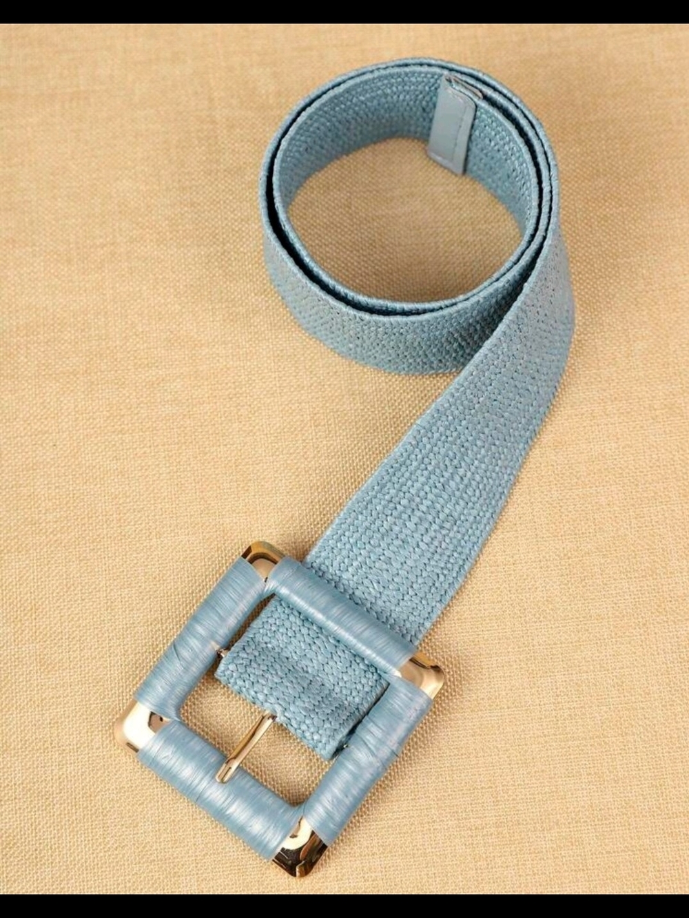 Light Blue Woven Waist Belt with Gold-Tone Buckle - Picture 5 of 9